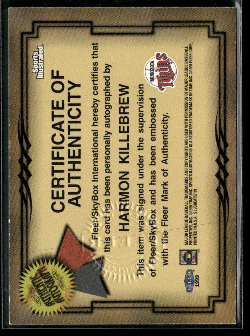 1999 Sports Illustrated Greats of the Game Autographs Harmon Killebrew Auto #NNO - Image 2
