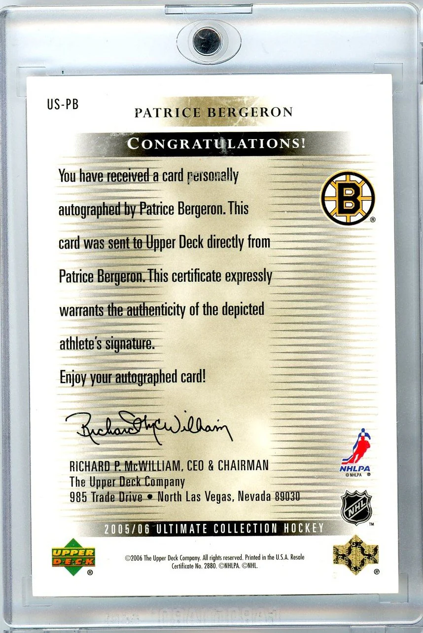 2005 Upper Deck Ultimate Collection Patrice Bergeron #USPB Ultimate Signatures Auto Hockey Card - Image 2