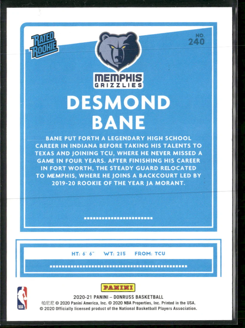 2020-21 Donruss Press Proof Purple Desmond Bane Rookie #/199 #240 - Image 2