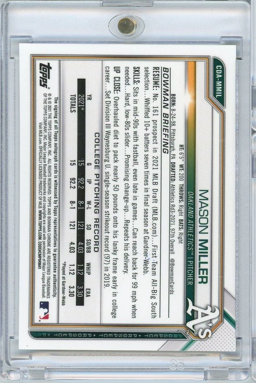 2021 Bowman Chrome Mason Miller #CDAMMIL 1st Bowman Auto Rookie RC Baseball Card - Image 2