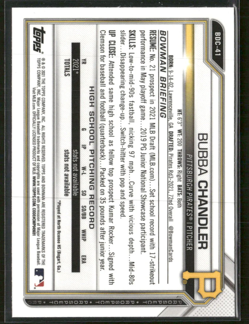 2021 Bowman Draft Sapphire Edition Bubba Chandler #BDC-41 - Image 2