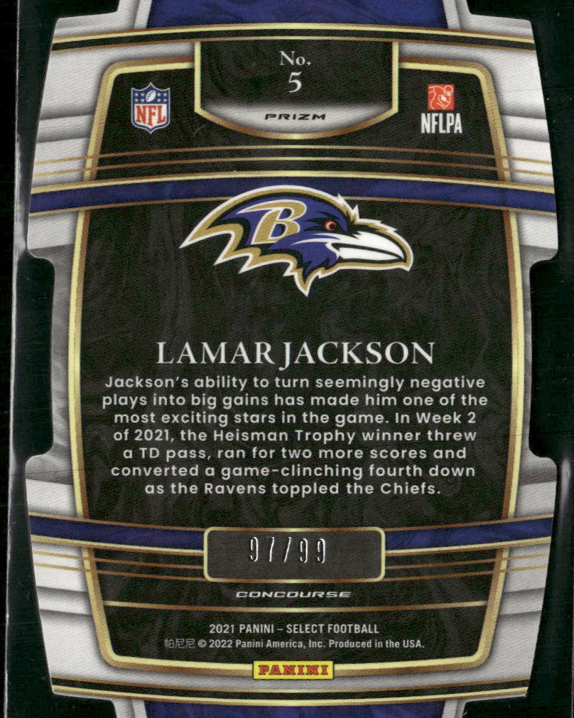 2021 Panini Select White Prizm Die Cut Lamar Jackson #/99 #5 - Image 2