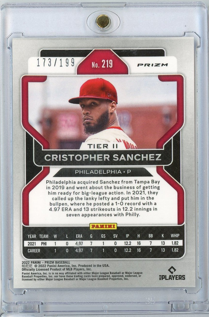 2022 Panini Prizm Cristopher Sanchez #219 /199 Blue Donut Circles Philadelphia Phillies Rookie RC Baseball Card - Image 2