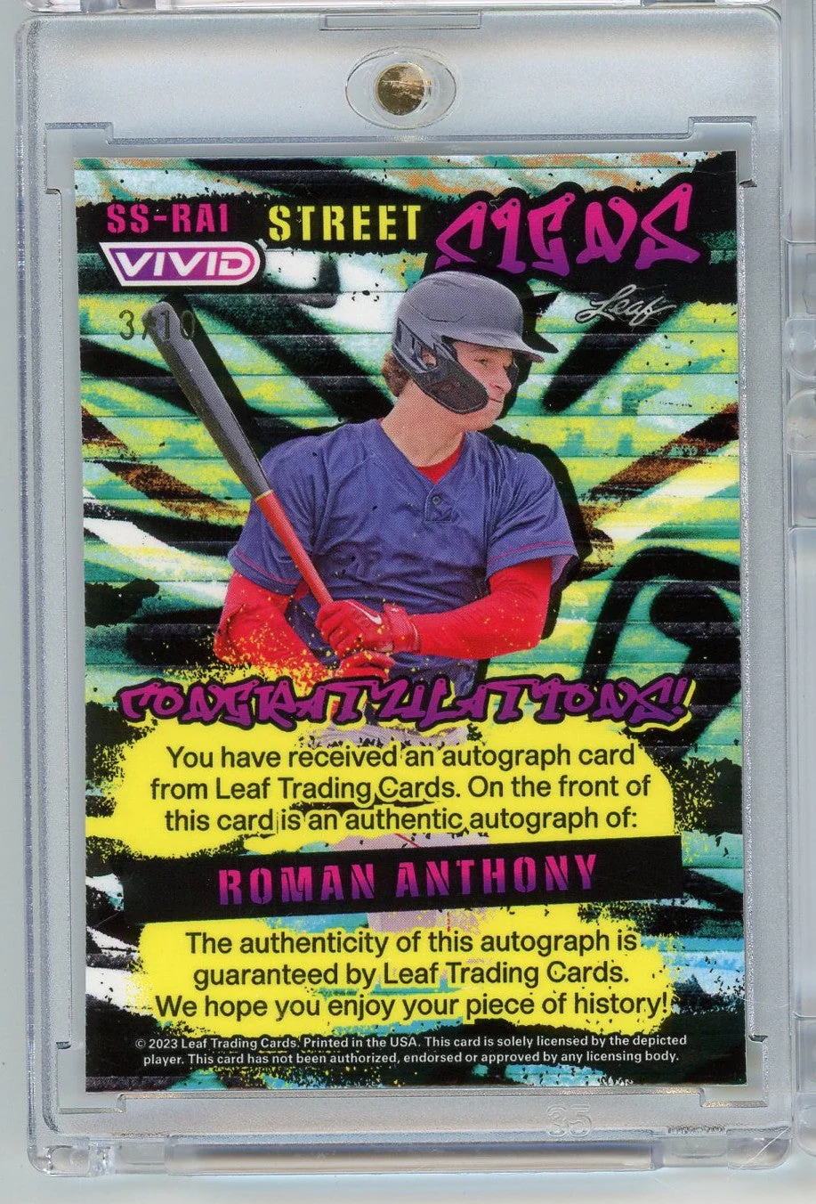 2023 Leaf Vivid Street Signs Roman Anthony #SSRA1 /10 Auto Rookie RC Baseball Card - Image 2