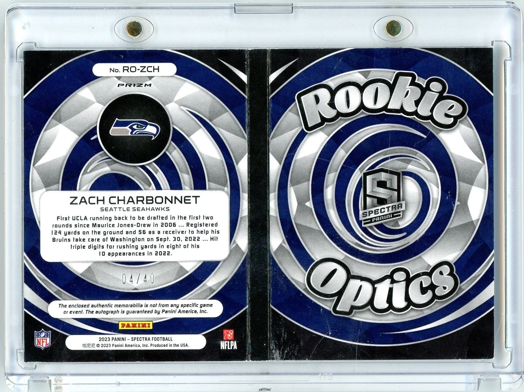2023 Panini Spectra Zach Charbonnet #ROZCH /40 Rookie Optics Booklet RPA Auto Rookie RC Football Card - Image 2