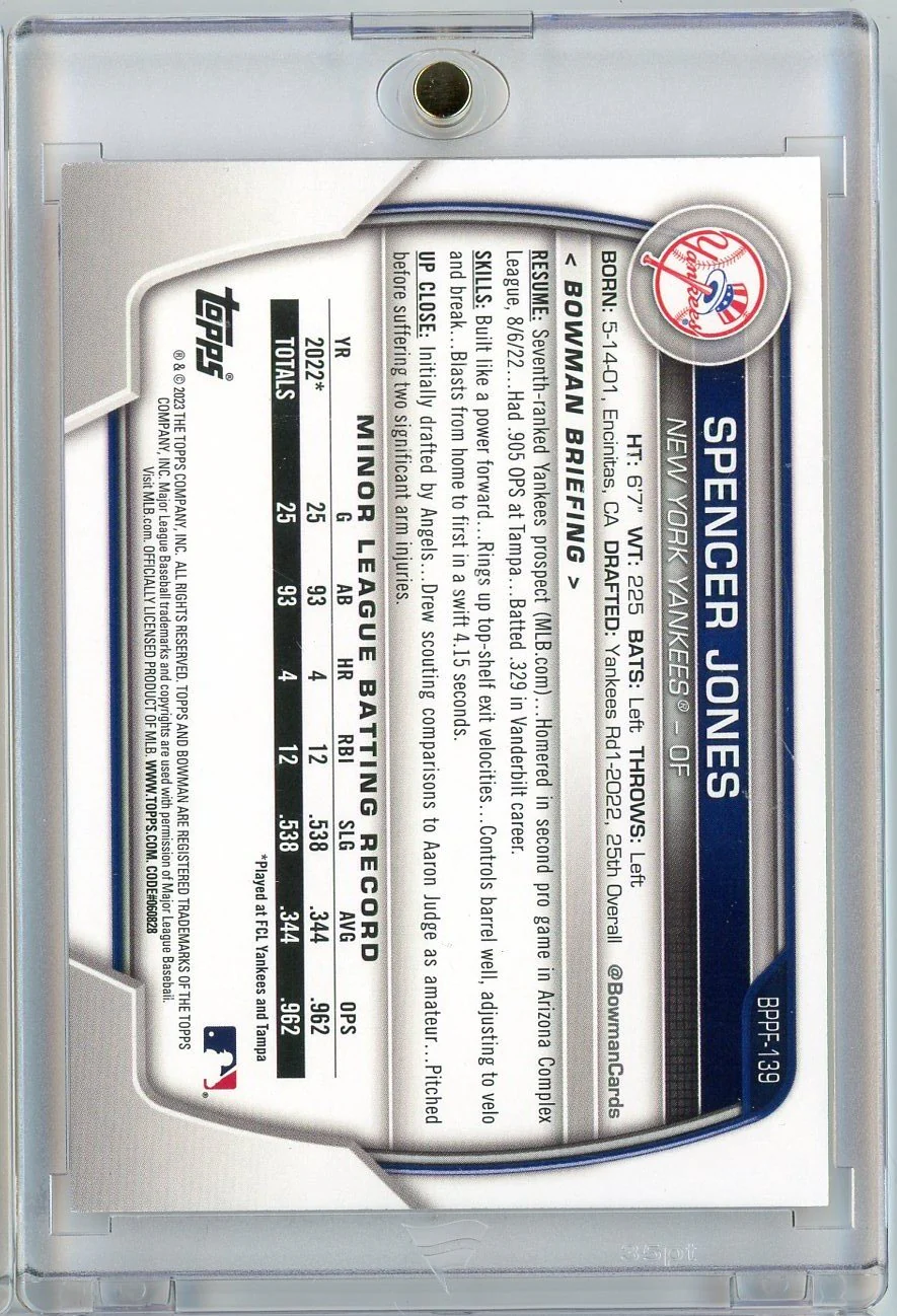 2023 Topps Bowman 1st Edition Spencer Jones #BPPF139 /25 Orange Foil Rookie RC Baseball Card - Image 2