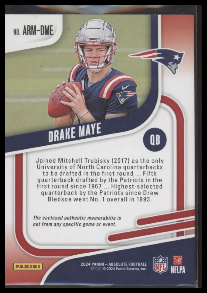2024 Panini Absolute Absolute Rookie Materials Drake Maye #ARM-DME - Image 2