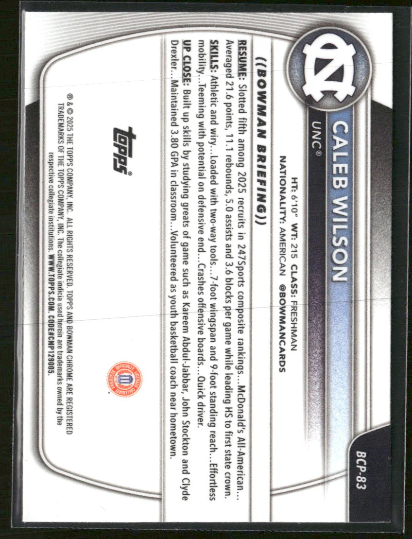 2025-26 Bowman Chrome Prospects Mojo Refractor Caleb Wilson #BCP-83 - Image 2