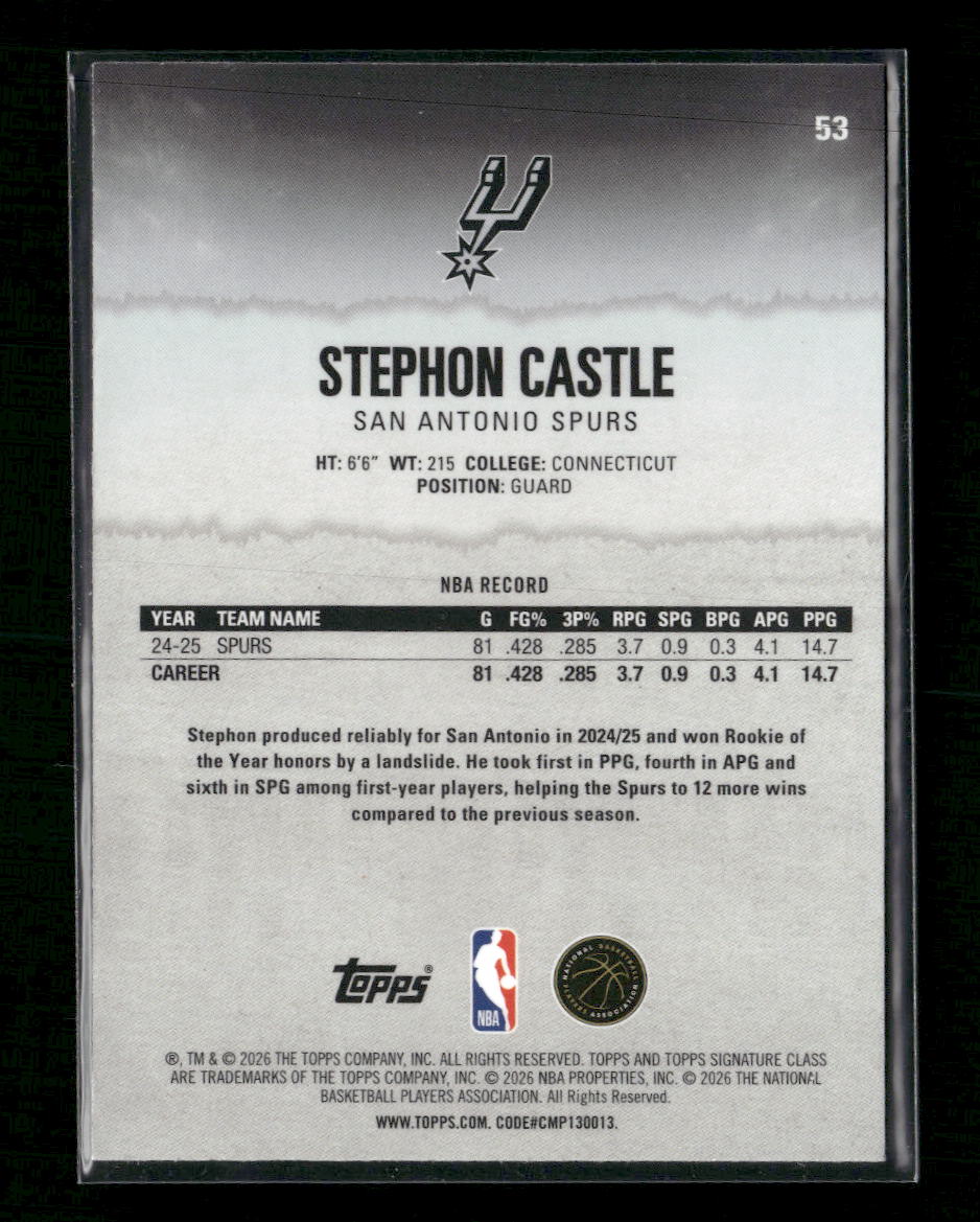 2025-26 Topps Signature Class Chrome Yellow Refractors Stephon Castle #/275 #53 - Image 2