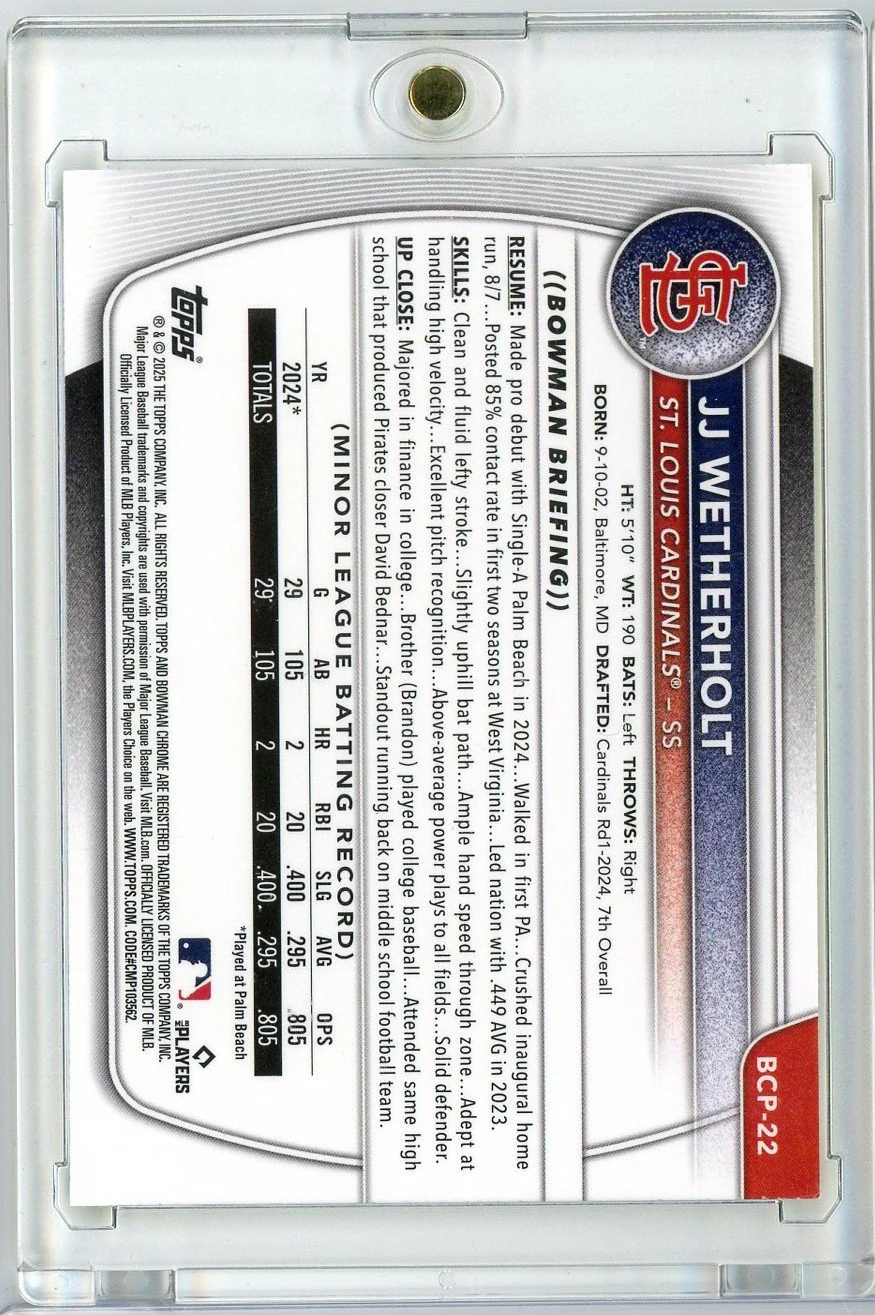 2025 Bowman Chrome JJ Wetherholt #BCP22 /75 Mega Box Yellow Refractor Rookie RC Baseball Card - Image 2