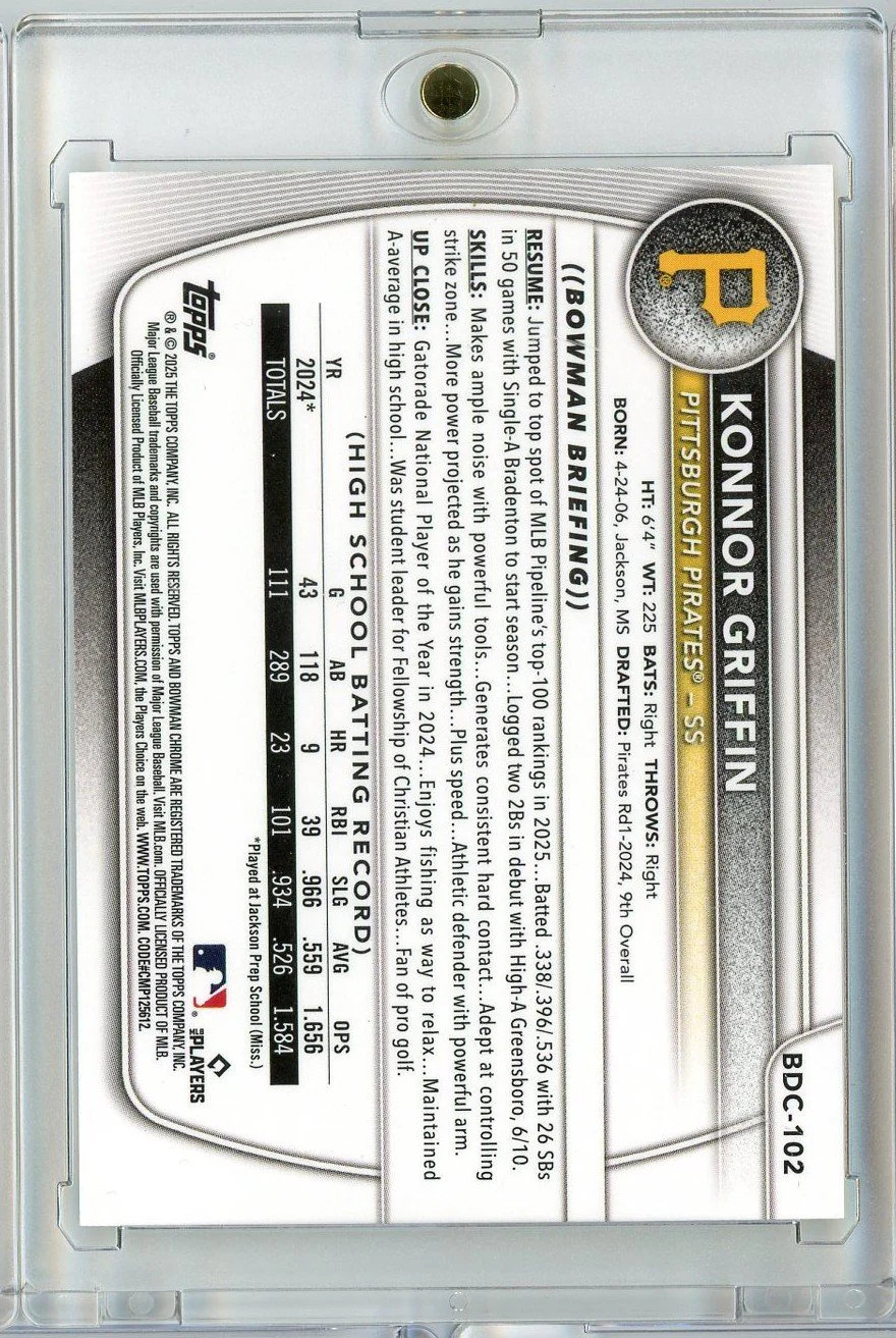 2025 Bowman Chrome Konnor Griffin #BDC102 /75 Yellow Geometric Rookie RC Baseball Card - Image 2