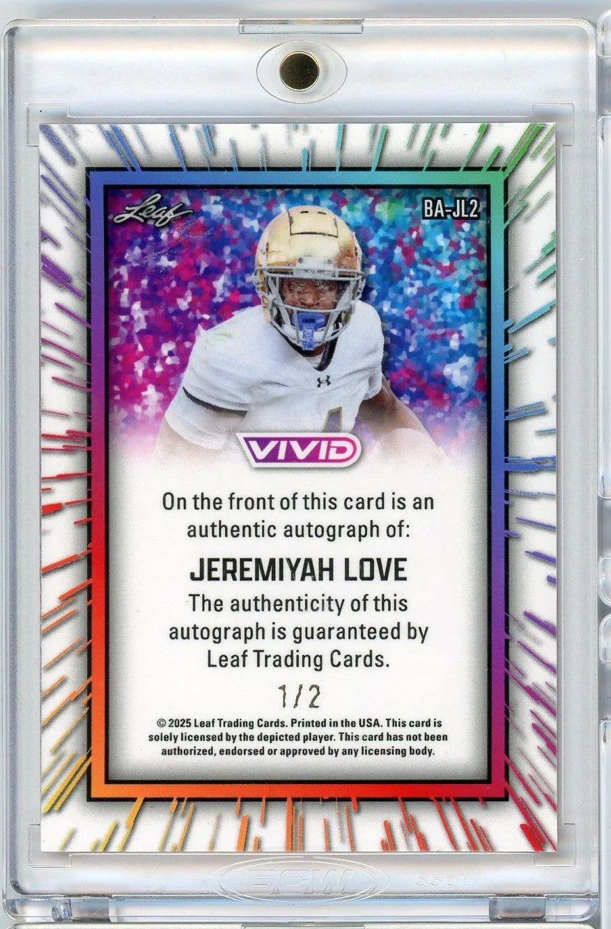 2025 Leaf Vivid Jeremiyah Love #BAJL2 Auto /2 Notre Dame Rookie RC Football Card - Image 2