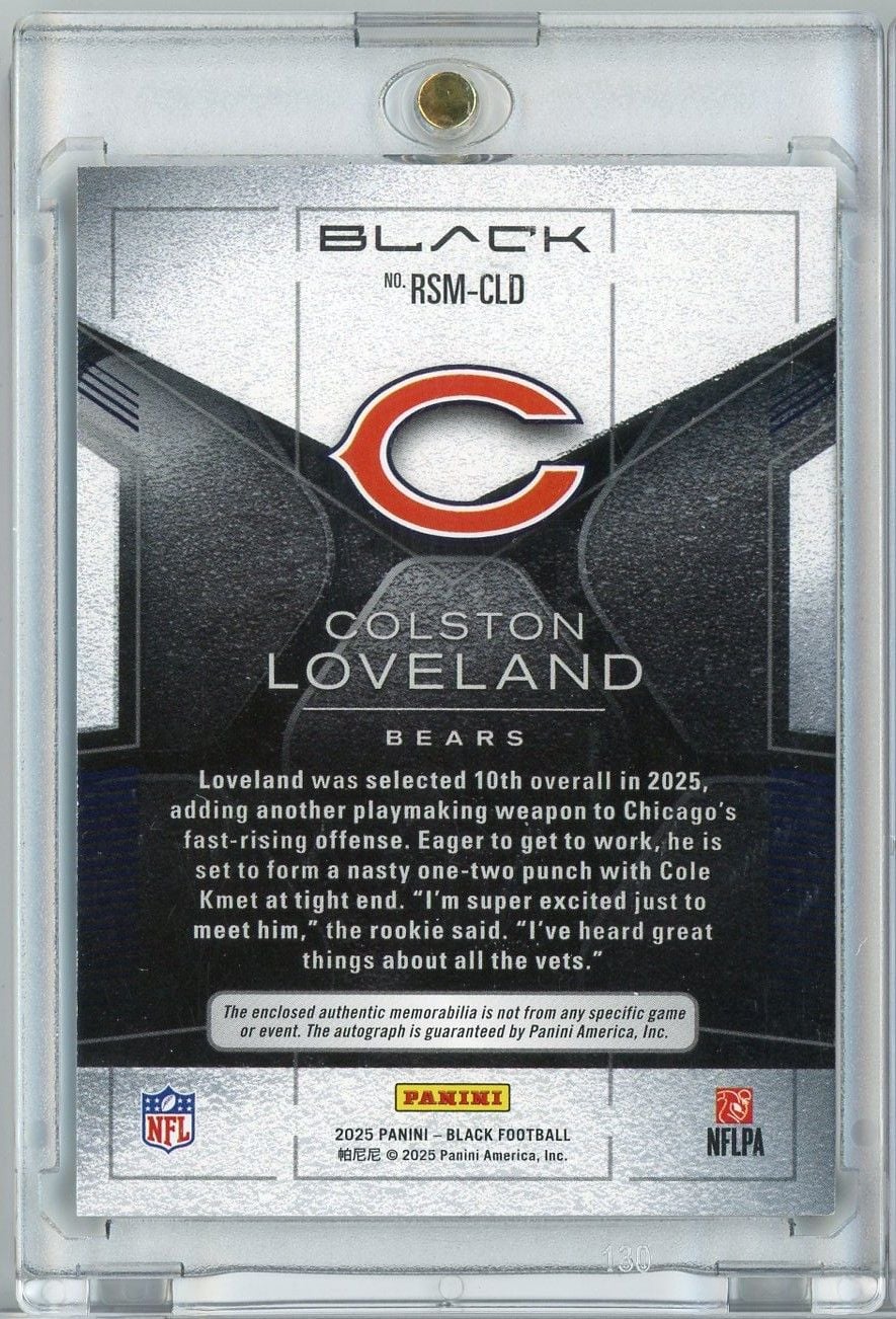 2025 Panini Black Colston Loveland #RSMCLD Purple RPA Auto /99 Rookie RC Football Card - Image 2