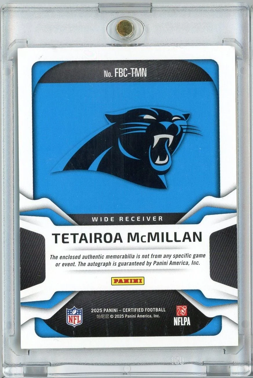 2025 Panini Certified Tetairoa McMillan #FBCTMN Keep Pounding Freshman Fabric RPA /10 Auto Rookie RC Football Card - Image 2
