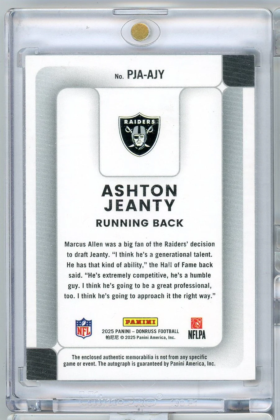 2025 Panini Donruss Ashton Jeanty #PJAAJY Rookie Phenom RPA /49 Rookie RC Football Card - Image 2