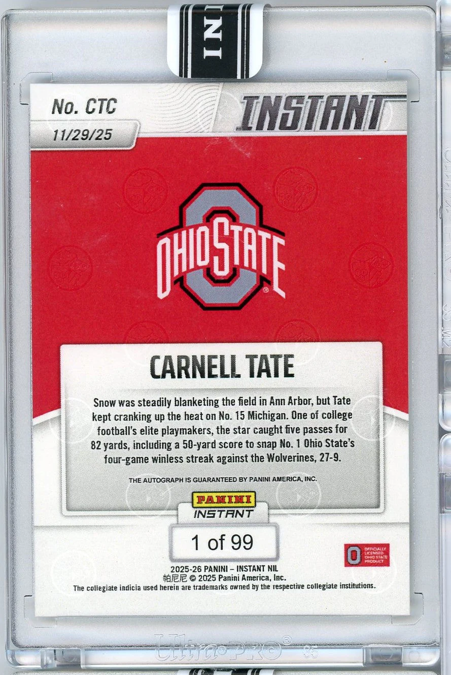 2025 Panini Instant Carnell Tate #CTC Auto /99 Ohio State Buckeyes Rookie RC Football Card - Image 2