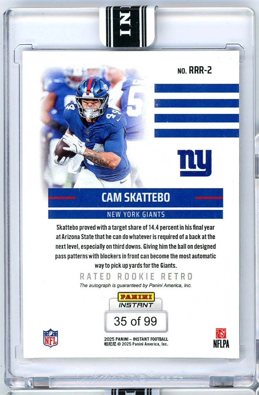 2025 Panini Instant NFL Cam Skattebo #2 Rated Retro Rookie Auto /99 New York Giants Rookie RC Football Card - Image 2