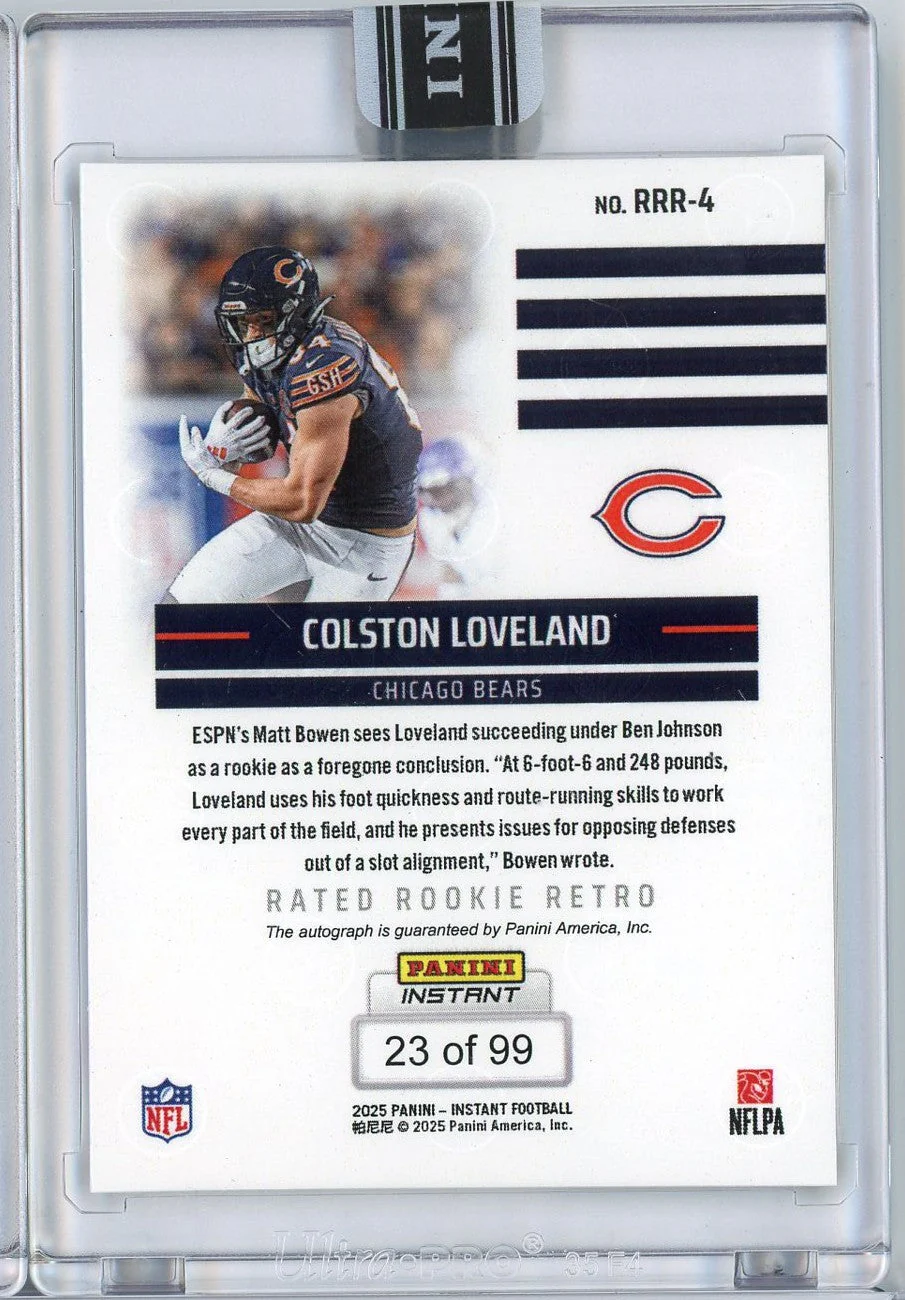 2025 Panini Instant NFL Colston Loveland #4 Rated Rookie Retro Auto /99 Chicago Bears Rookie RC Football Card - Image 2
