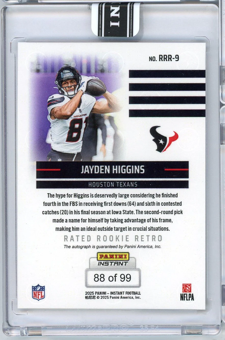 2025 Panini Instant NFL Jayden Higgins #9 Rated Retro Rookie Auto /99 Houston Texans Rookie RC Football Card - Image 2