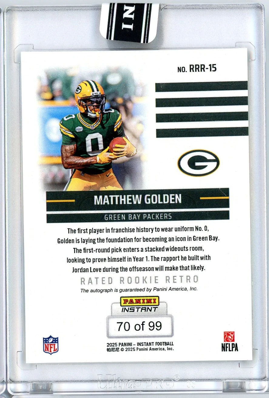 2025 Panini Instant NFL Matthew Golden #15 Rated Retro Rookie Auto /99 Green Bay Packers Rookie RC Football Card - Image 2