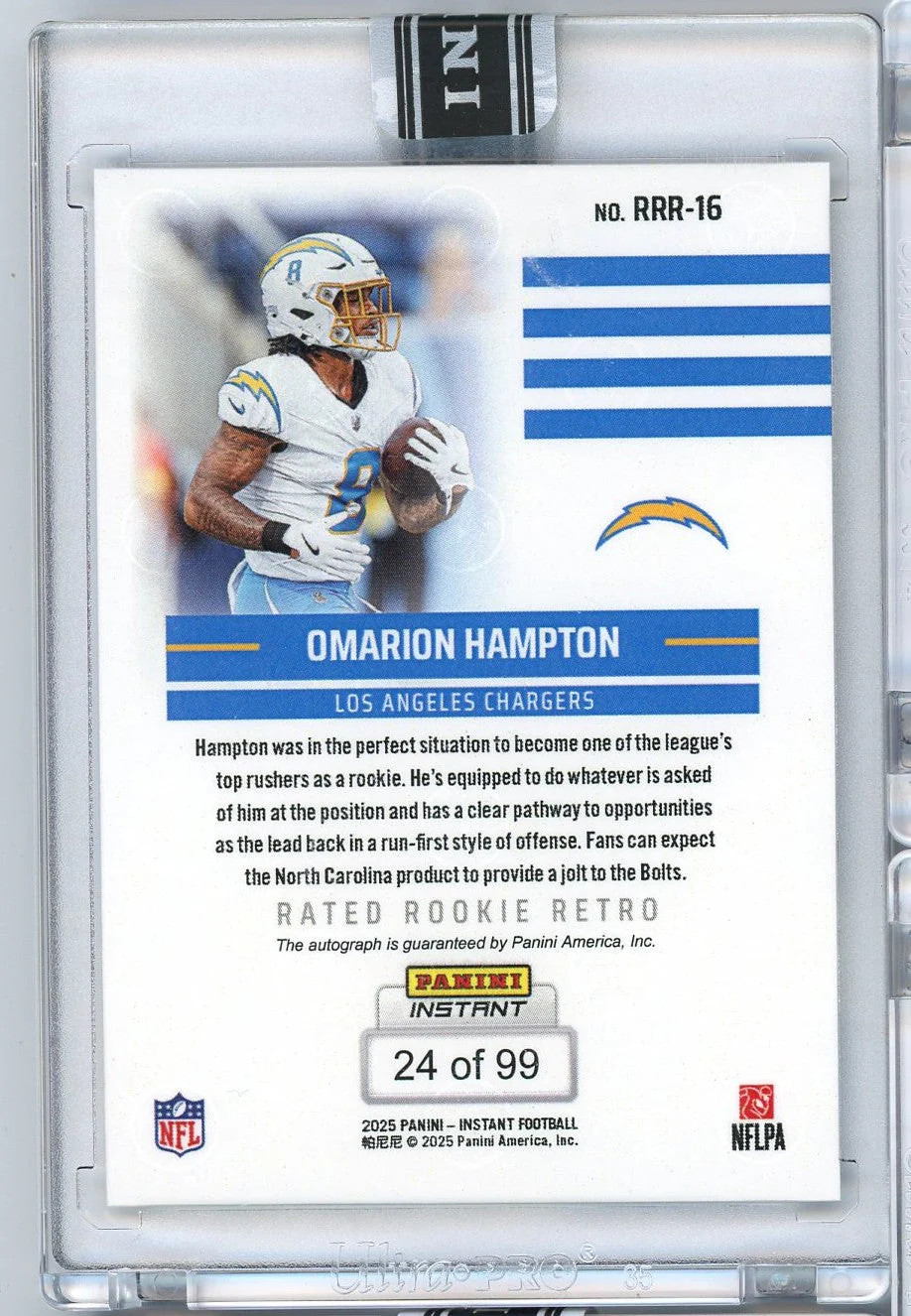 2025 Panini Instant NFL Omarion Hampton #16 Rated Retro Rookie Auto /99 Los Angeles Chargers Rookie RC Football Card - Image 2