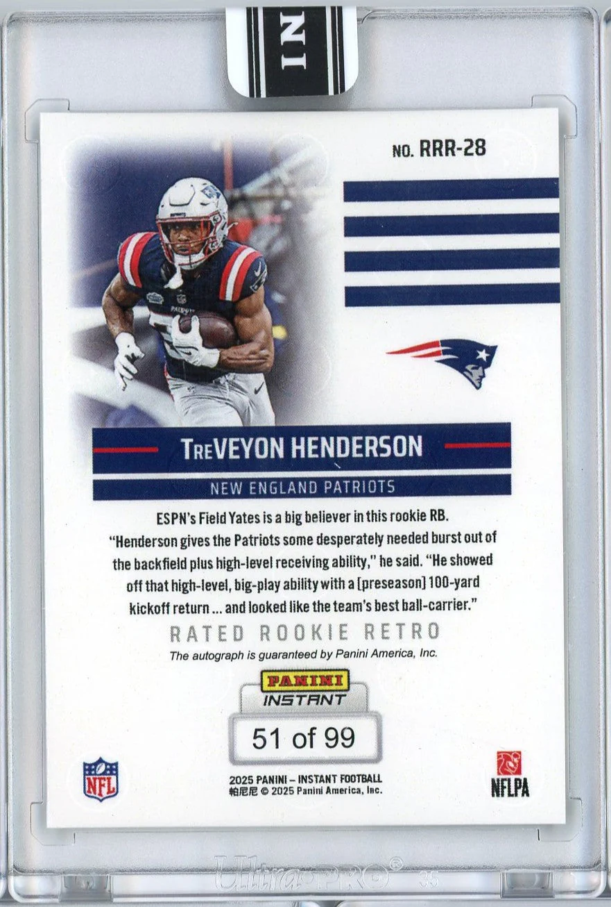 2025 Panini Instant NFL TreVeyon Henderson #28 Rated Retro Rookie Auto /99 New England Patriots Rookie RC Football Card - Image 2