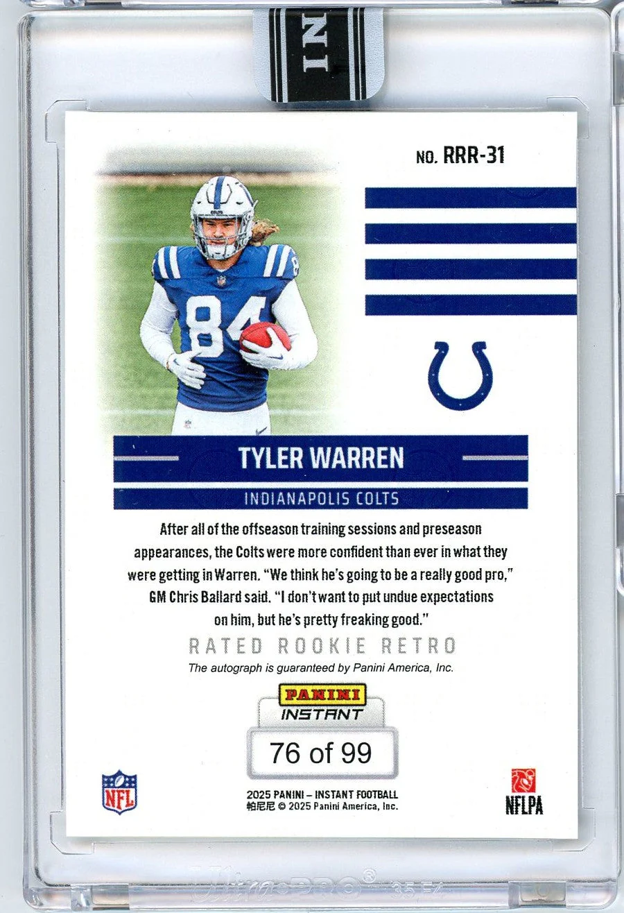 2025 Panini Instant NFL Tyler Warren #31 Rated Retro Rookie Auto /99 Indianapolis Colts Rookie RC Football Card - Image 2
