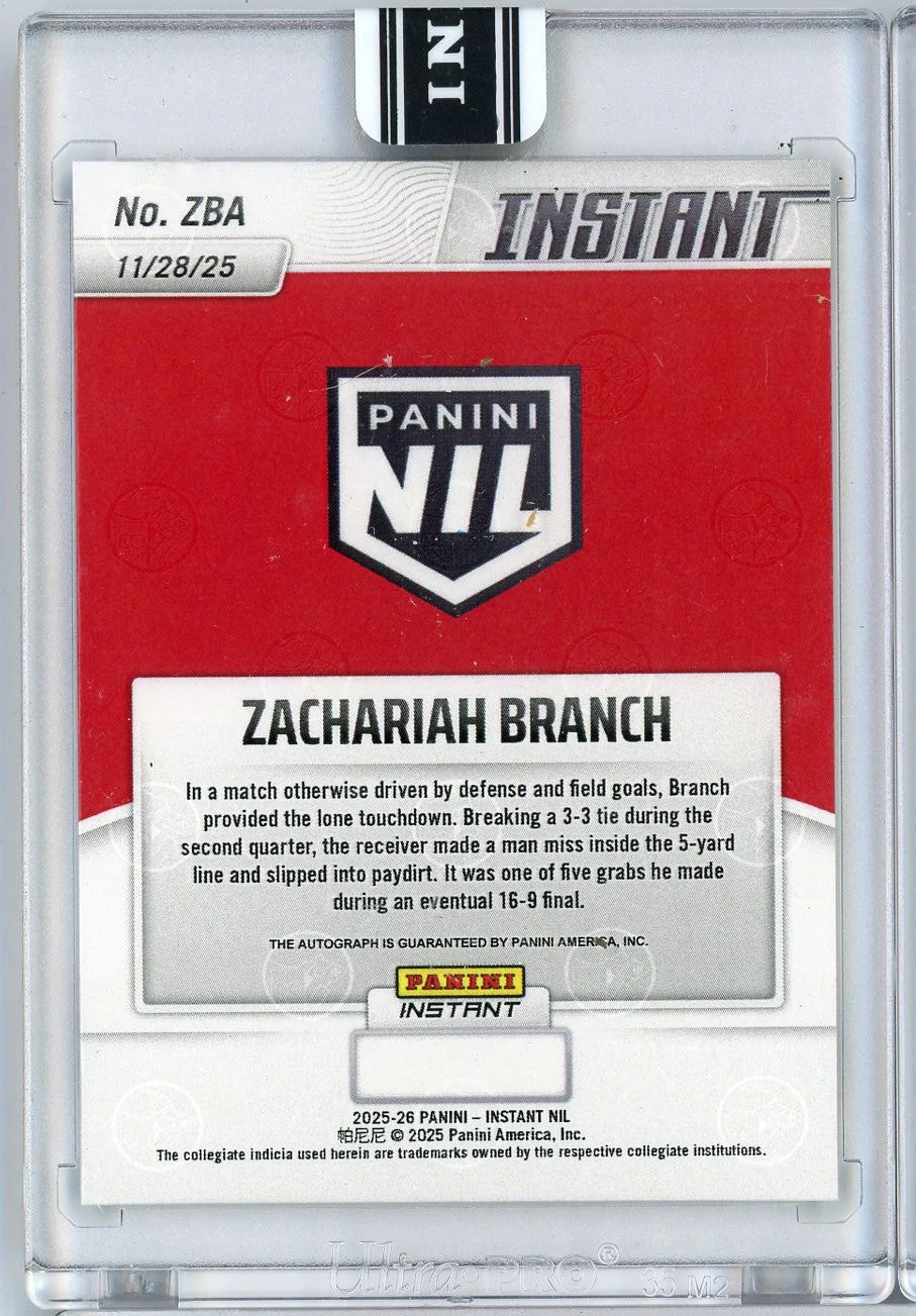 2025 Panini Instant Zachariah Branch #ZBA Auto Georgia Bulldogs Rookie RC Football Card - Image 2