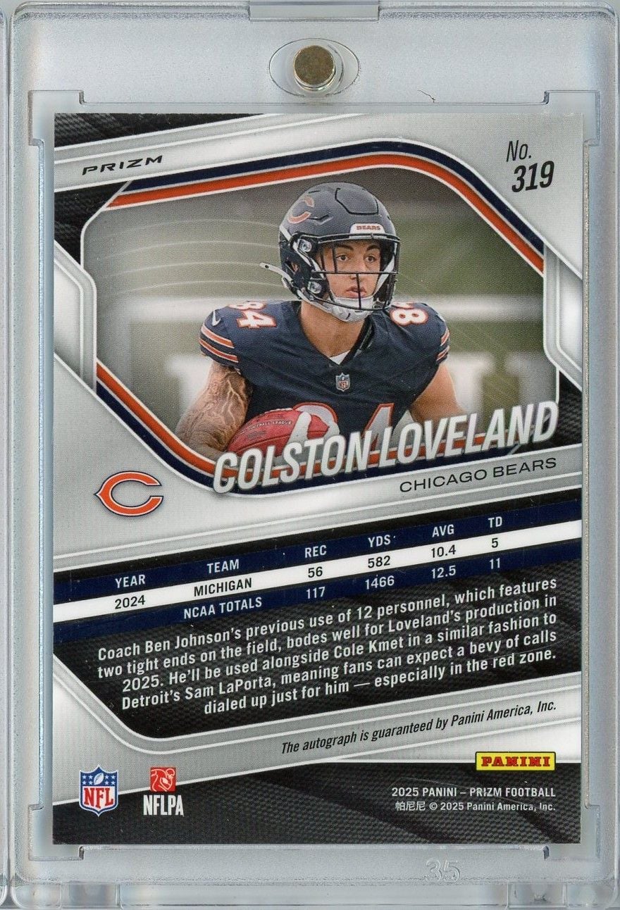 2025 Panini Prizm Colston Loveland #319 Silver Auto Rookie RC Football Card - Image 2