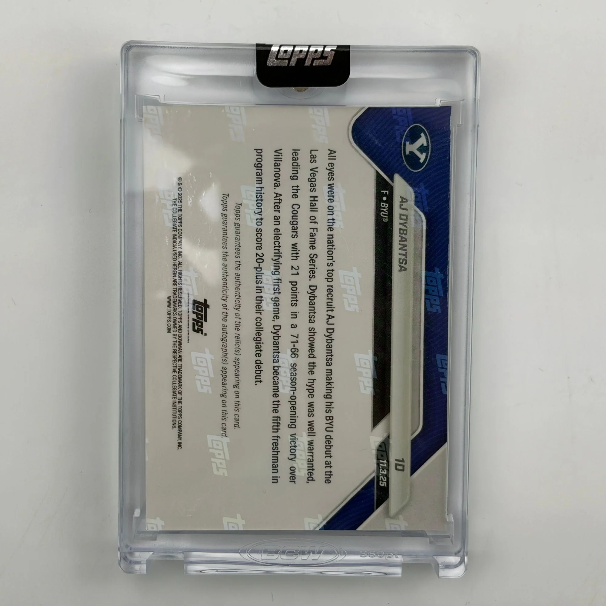 2025 Topps Bowman U Now AJ Dybantsa #1 Foilfractor Relic Auto 1/1 Number 1 Recruit in the Nation Debuts at BYU BYU Cougars Rookie RC Basketball Card - Image 3