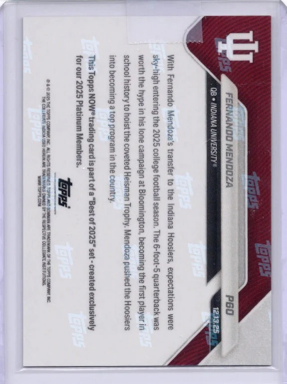 2025 Topps Bowman U Now Fernando Mendoza #P60 Platinum Member Indiana Hoosiers Rookie RC Football Card - Image 2