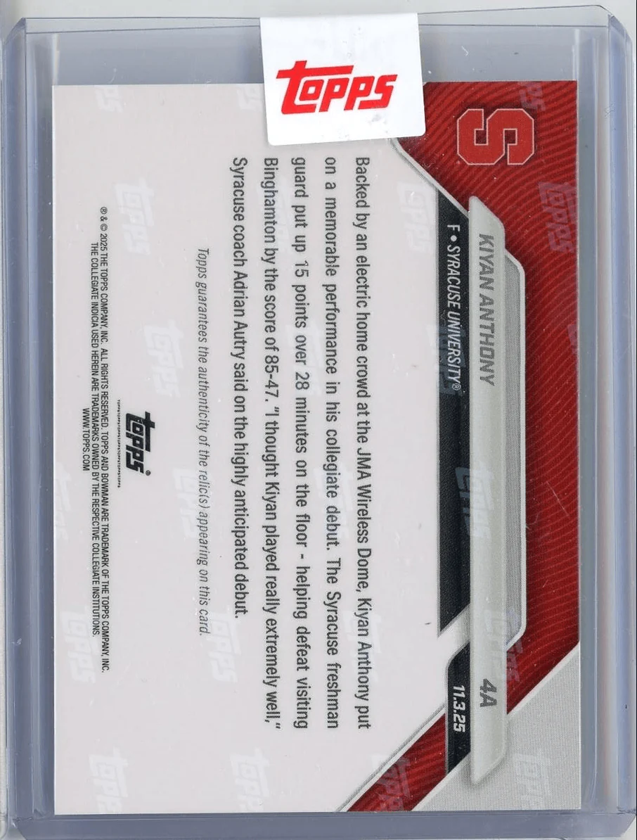 2025 Topps Bowman U Now Kiyan Anthony #4A Orange Sneaker Relic /25 Like Father, Like Son: Anthony Shines in Opener Rookie RC Basketball Card - Image 2