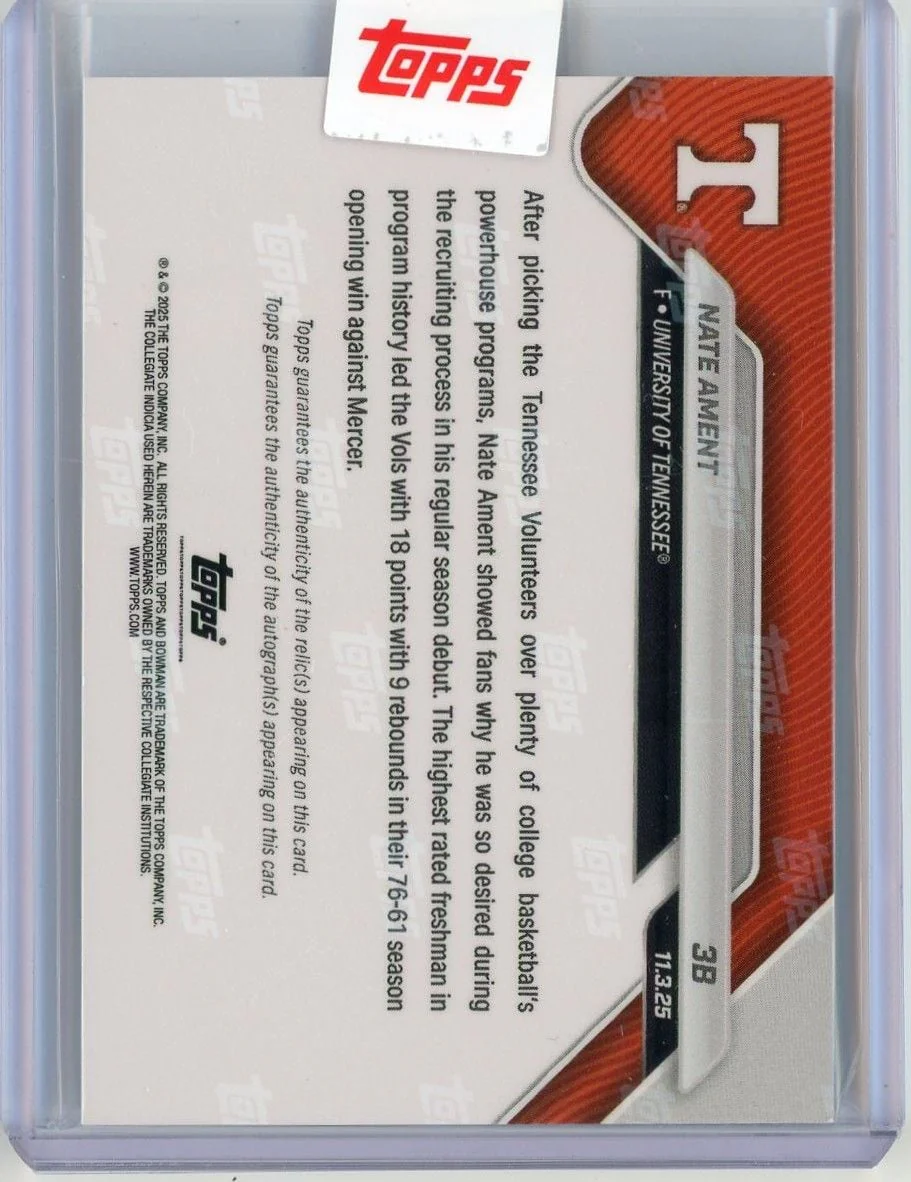 2025 Topps Bowman U Now Nate Ament #3B Black Relic Auto /10 Highest Recruit in Program History Stars in Debut Tennessee Volunteers Rookie RC Basketball Card - Image 2