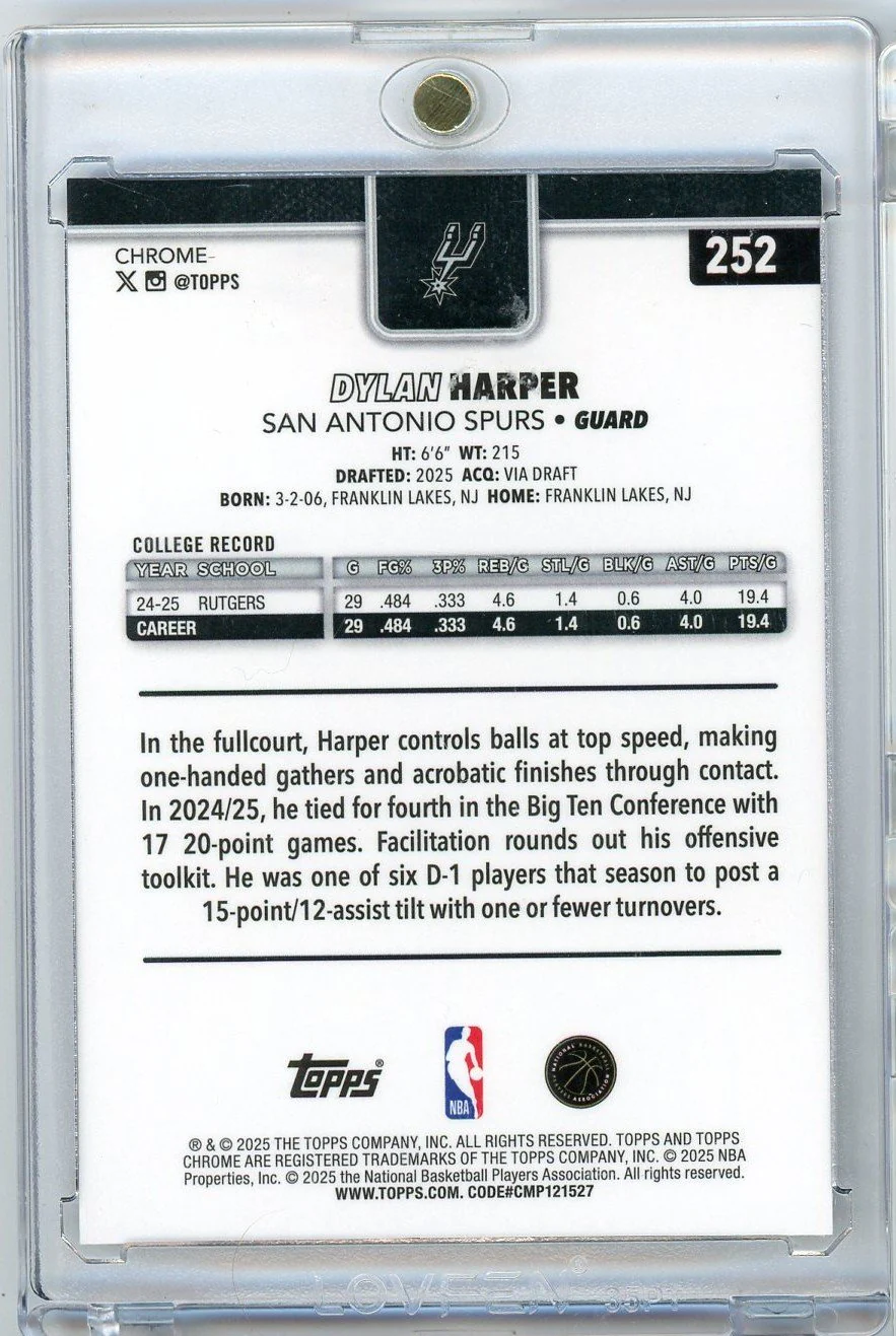 2025 Topps Chrome Dylan Harper #252 /75 Purple Wave Refractor Rookie RC Basketball Card - Image 2