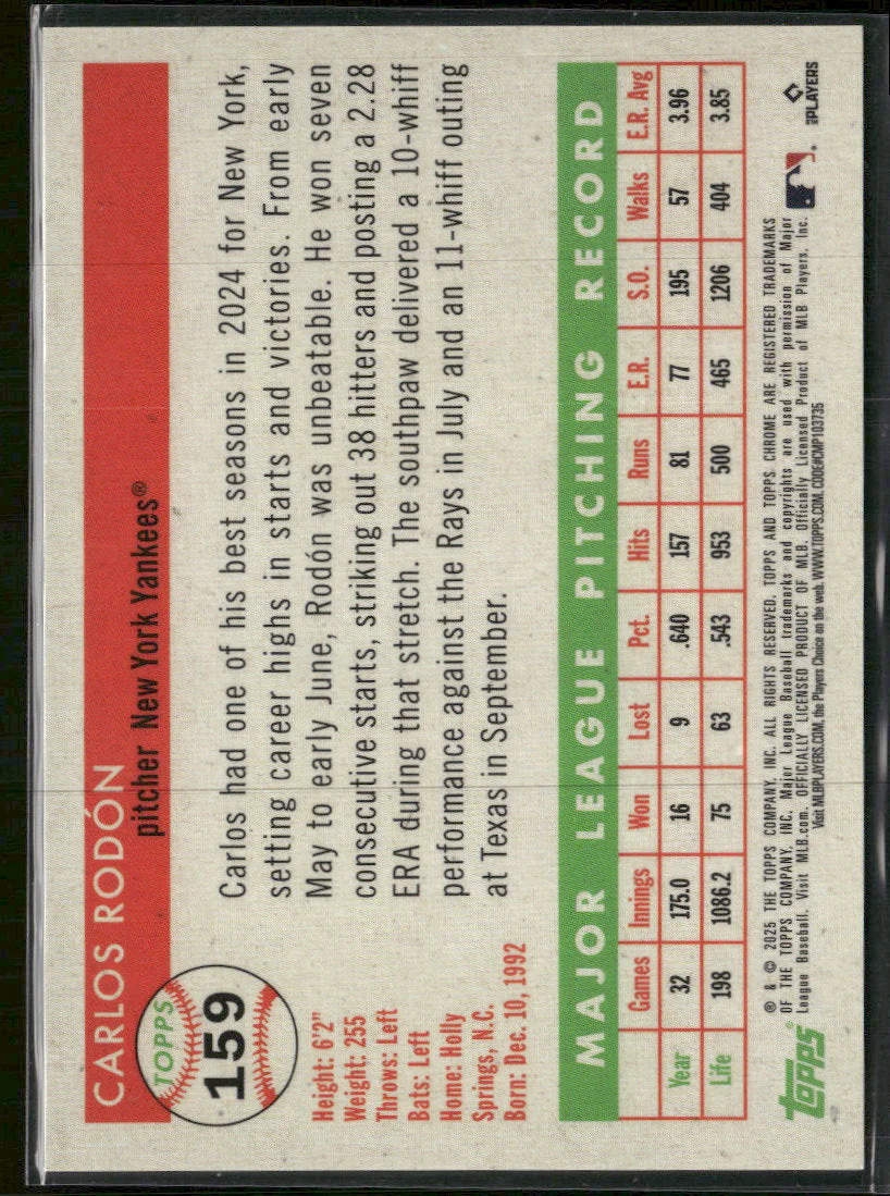 2025 Topps Chrome Platinum Orange Vibrations Refractors Carlos Rodón #/25 #159 - Image 2