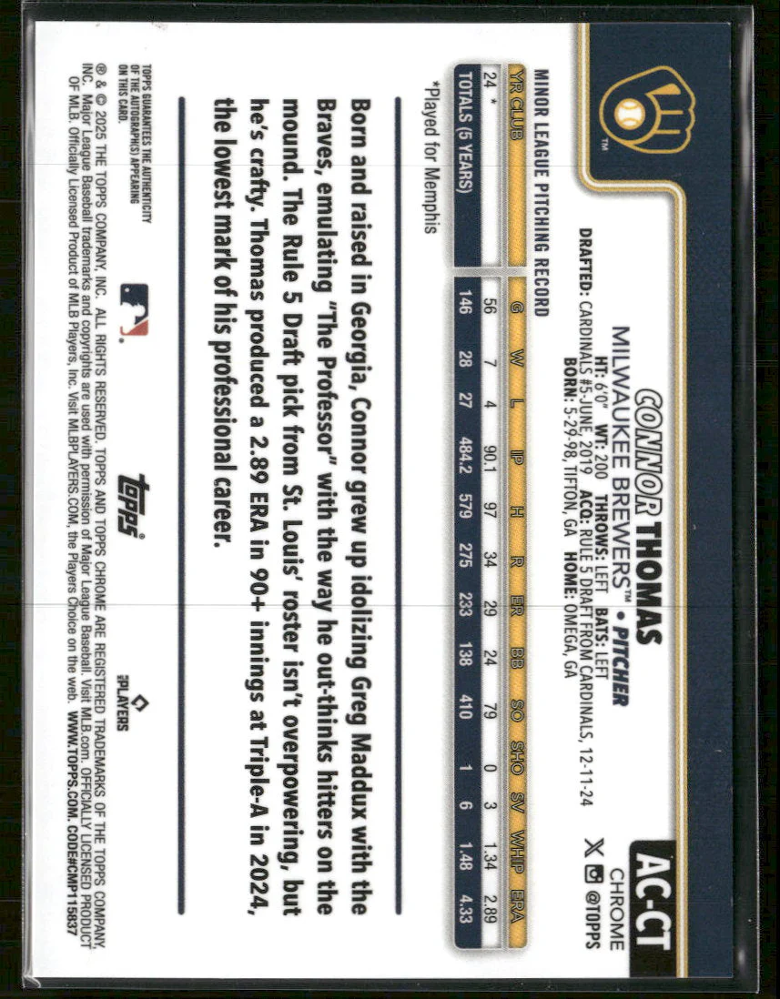 2025 Topps Chrome Update Auto Gold Refractor #/50 Connor Thomas #AC-CT - Image 2