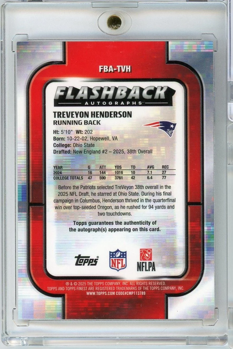 2025 Topps Finest Treveyon Henderson #FBATVH Flashback Autographs Orange Geometric /25 Rookie RC Football Card - Image 2