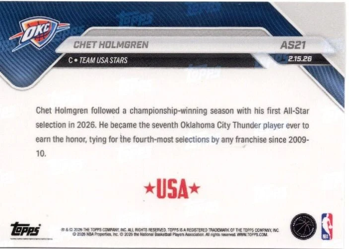 2025 Topps Now Chet Holmgren #AS21 Platinum Member Stamp 2026 NBA All Star 1st Selection Oklahoma City Thunder Basketball Card - Image 2