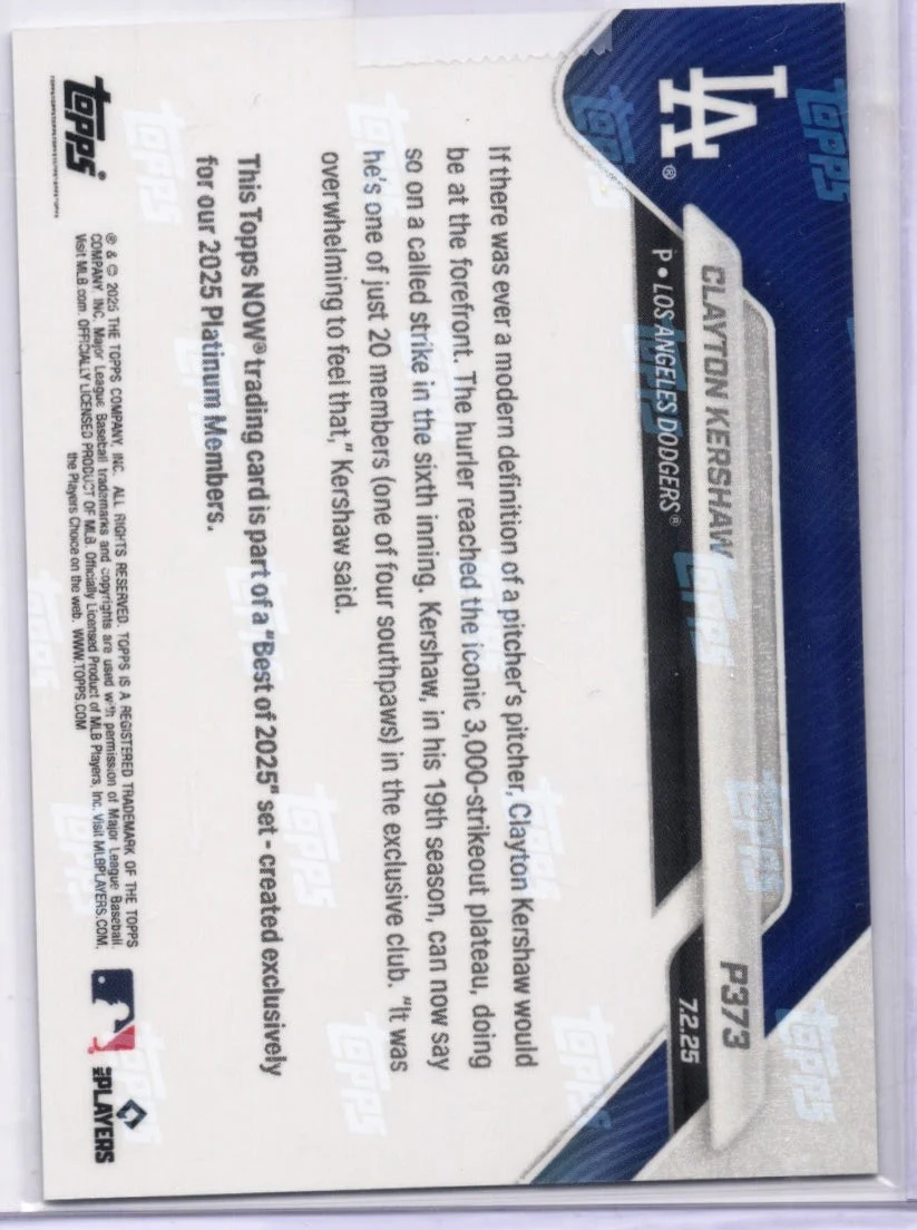 2025 Topps Now Clayton Kershaw #P373 Platinum Member Los Angeles Dodgers Baseball Card - Image 2