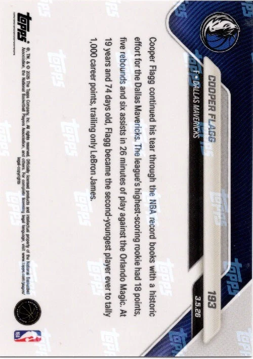 2025 Topps Now Cooper Flagg #193 Orange Foil /25 Dallas Mavericks Rookie RC Basketball Card - Image 2