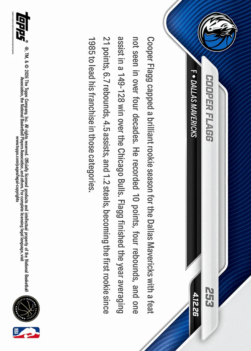 2025 Topps Now Cooper Flagg #253 1st Rookie Since '85 to Lead Team in Pts/Reb/Ast/Stl Dallas Mavericks Rookie RC Basketball Card - Image 2