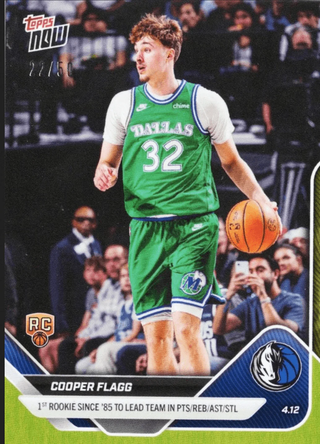 2025 Topps Now Cooper Flagg #253 Gold Foil /50 1st Rookie Since '85 to Lead Team in Pts/Reb/Ast/Stl Dallas Mavericks Rookie RC Basketball Card