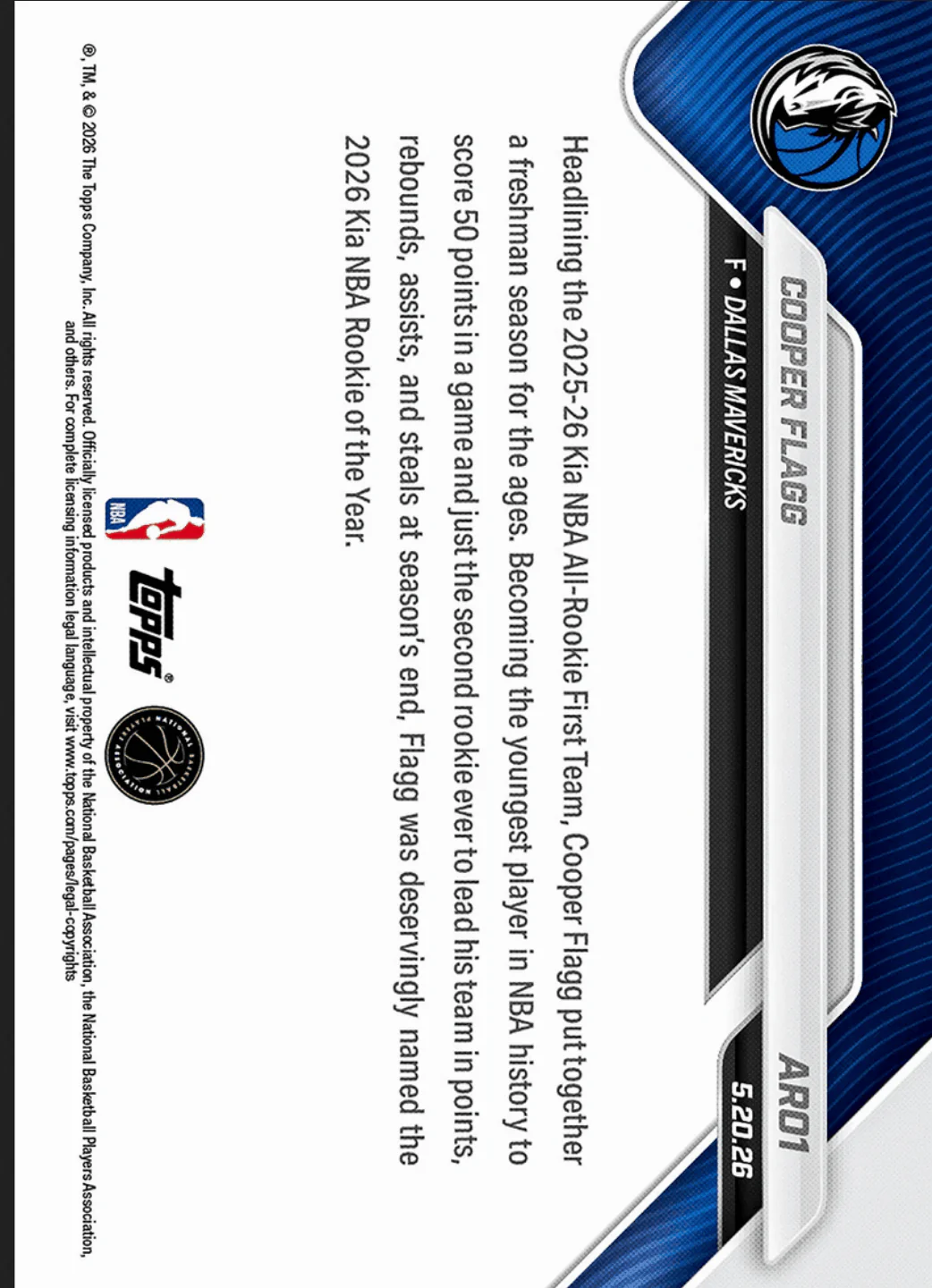 2025 Topps Now Cooper Flagg #AR01 Orange Foil /25 2025-26 KIA NBA All Rookie First Team Selection Dallas Mavericks Rookie RC Basketball Card - Image 2