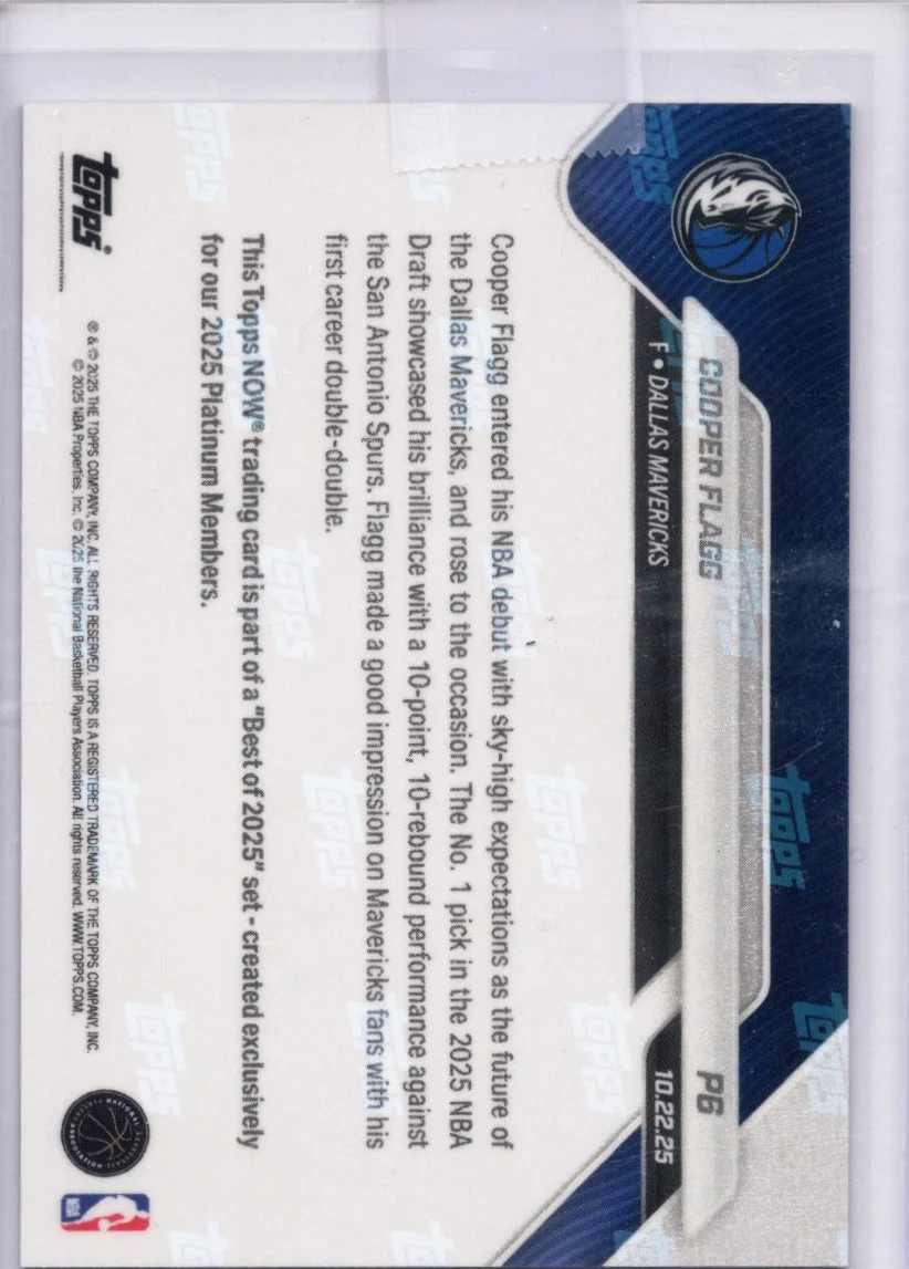 2025 Topps Now Cooper Flagg #P6 Platinum Member Dallas Mavericks Rookie RC Basketball Card - Image 2