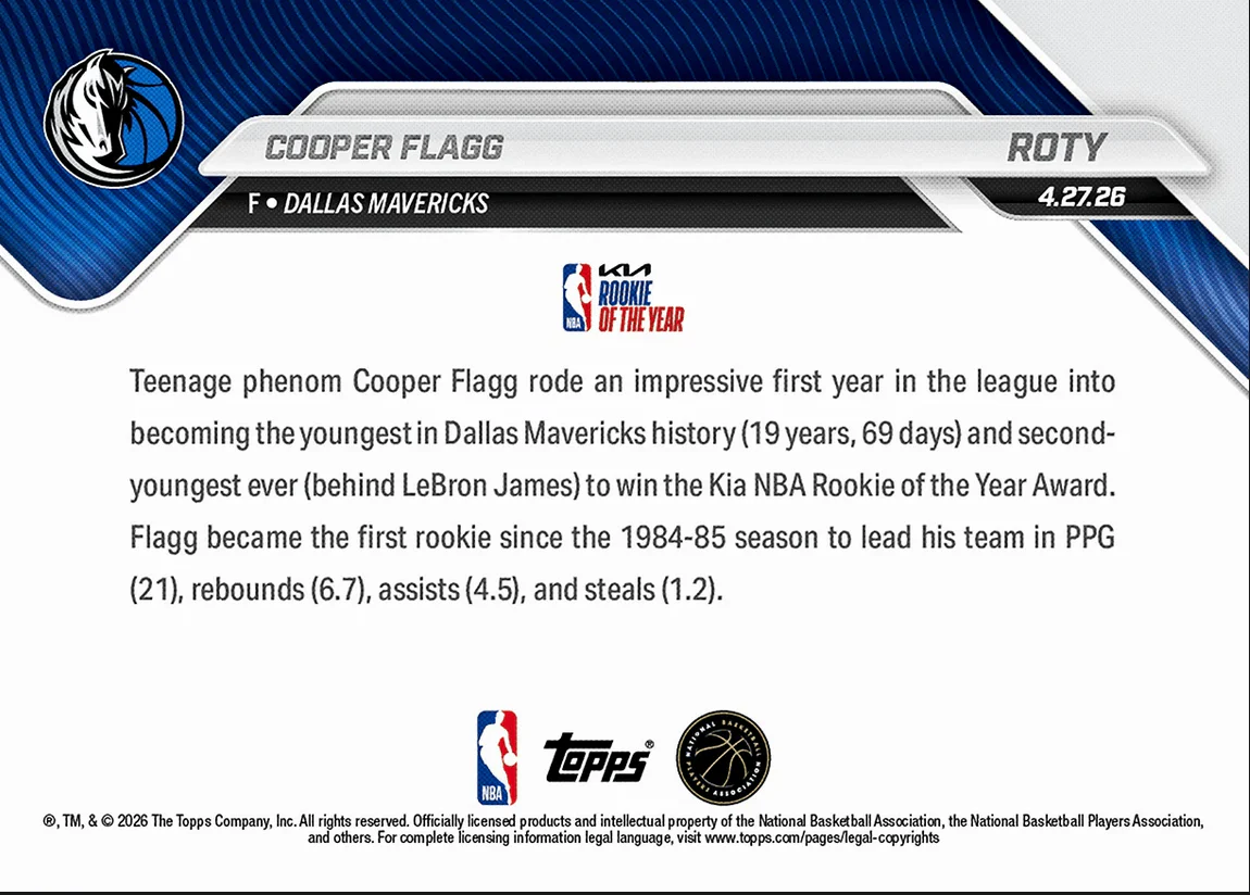 2025 Topps Now Cooper Flagg #ROTY 2026 KIA Rookie of the Year Award Winner Dallas Mavericks Rookie RC Basketball Card - Image 2