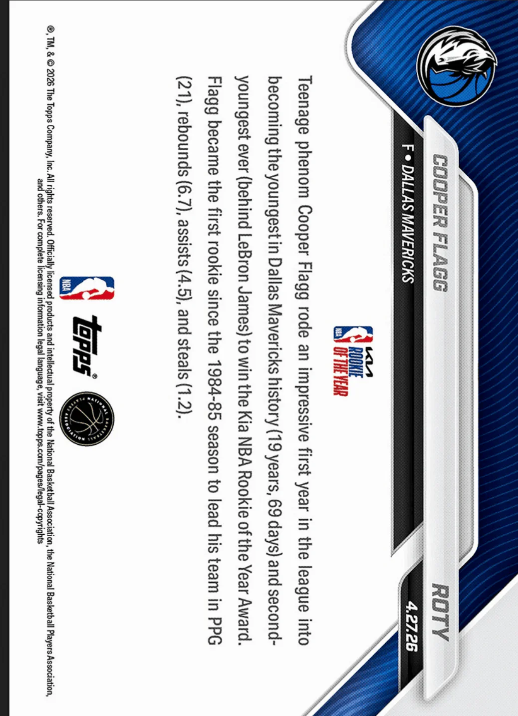 2025 Topps Now Cooper Flagg #ROTY Orange Foil /25 2026 KIA Rookie of the Year Award Winner Dallas Mavericks Rookie RC Basketball Card - Image 2