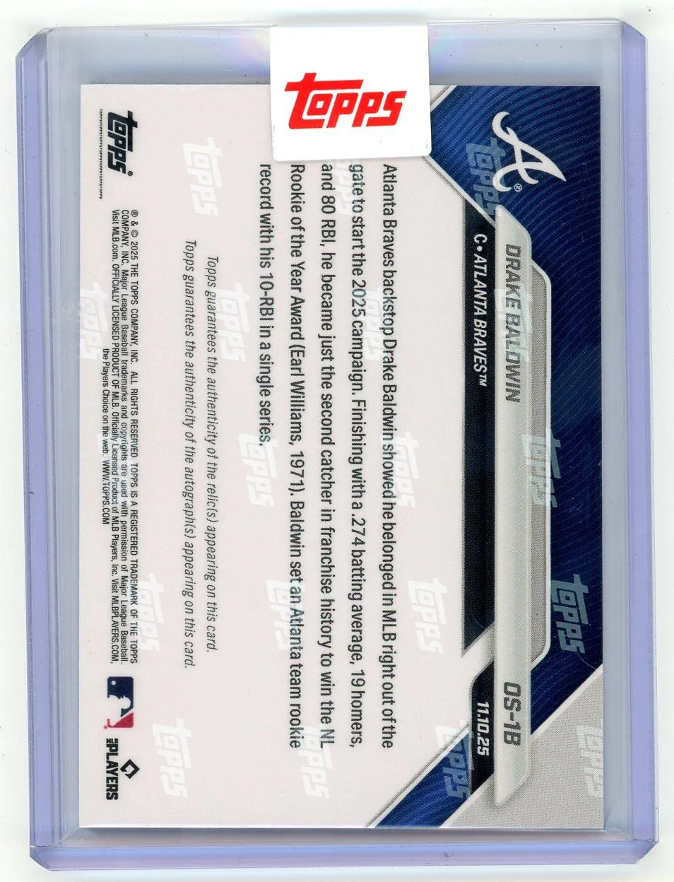 2025 Topps Now Drake Baldwin #OS1B Black Relic Auto /10 2025 NL Rookie of the Year Award Winner Atlanta Braves Rookie RC Baseball Card - Image 2