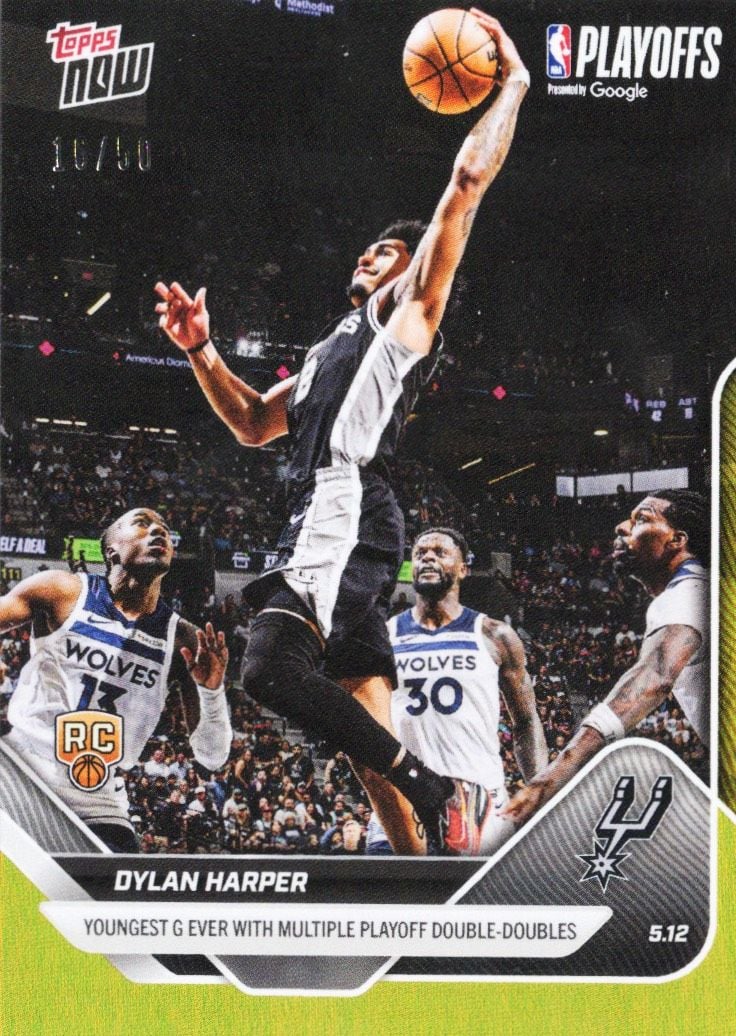 2025 Topps Now Dylan Harper #309 Gold Foil /50 Youngest Guard Ever with Multiple Playoff Double Doubles San Antonio Spurs Rookie RC Basketball Card - Image 2