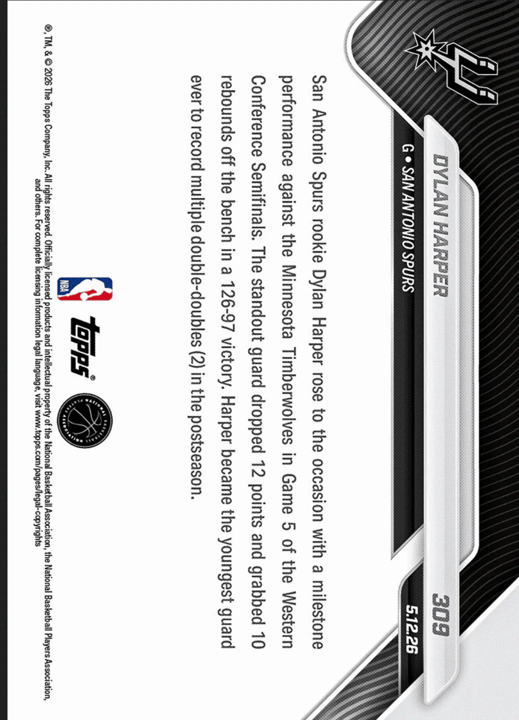 2025 Topps Now Dylan Harper #309 Orange Foil /25 Youngest Guard Ever with Multiple Playoff Double Doubles San Antonio Spurs Rookie RC Basketball Card - Image 2