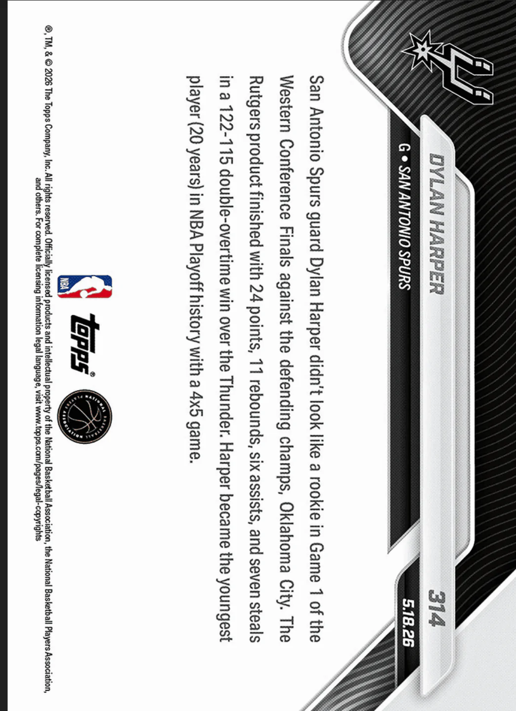 2025 Topps Now Dylan Harper #314 Gold Foil /50 Youngest in NBA Playoff History with 4x5 Game San Antonio Spurs Rookie RC Basketball Card - Image 2